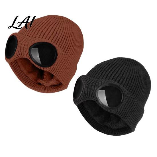 Fashionable Costume Hat for Parties 2Pcs Fleece Lined Hats with Goggles Warm Winter Knit Acrylic Hats Windproof Skiing Caps Men Women Cycling Hiking
