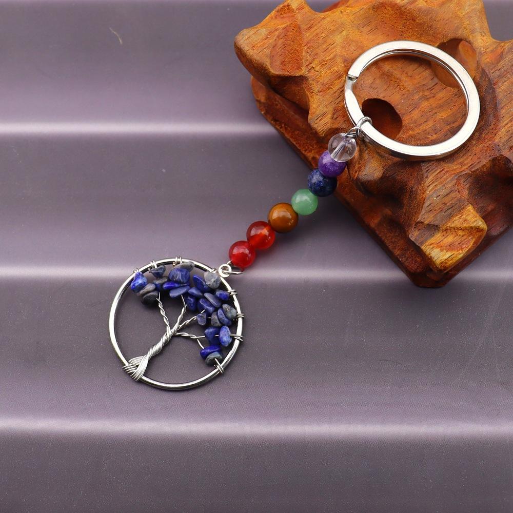 Gold Natural Crystal Colorful Stone Tree Of Life Keychain, Bag Pendant Pendant, Chakra Keychain K62