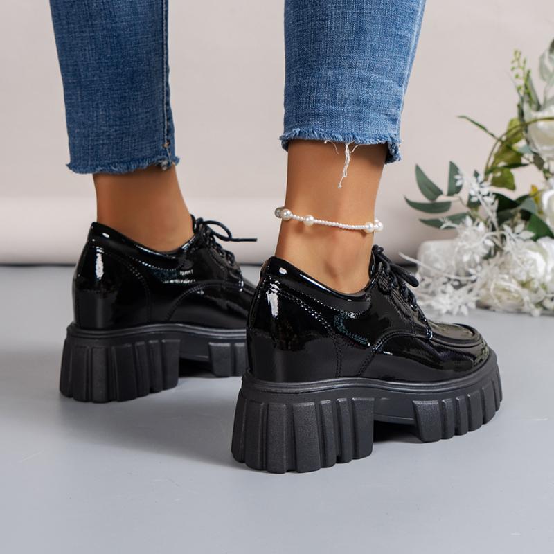 Lucyever Patent Leather Chunky Loafers Shoes for Women  Spring Lace Up Platform Pumps Woman Cozy Thick Bottom Student Shoes