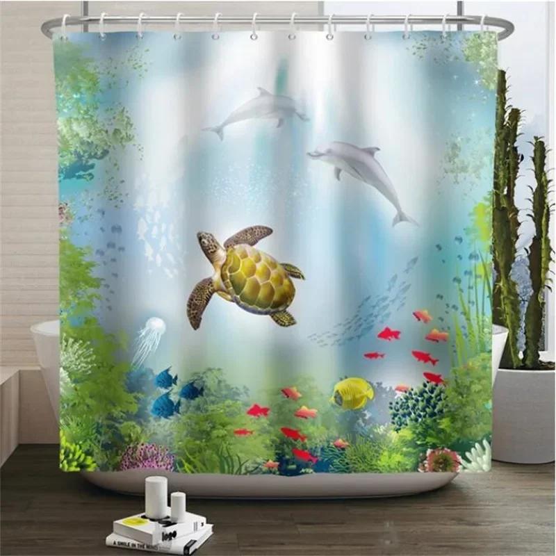 Underwater World Bathroom Shower Curtain Sea Turtle Dolphin Ocean Creature Landscape Bath Curtains Children Cloth Bathroom Decor