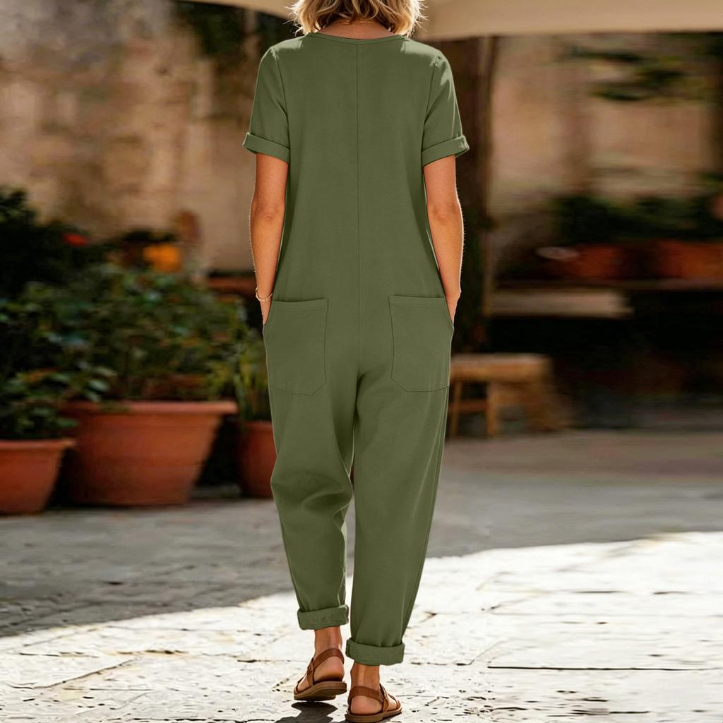 Women's Color Casual Short Sleeved Loose Pocket Overalls Long Jumpsuit