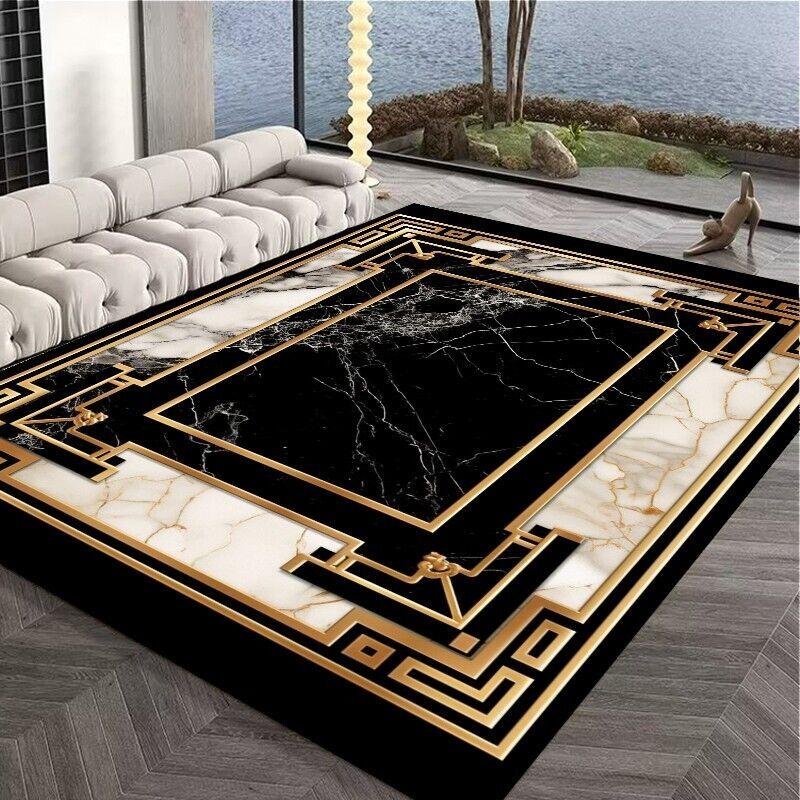 Alfombra Decorativa de Sofá para Interiores y Exteriores de Lujo Negra Incrustada con Oro Alfombra de Área para Mesas de Café Alfombrilla Suave Antideslizante para Niños