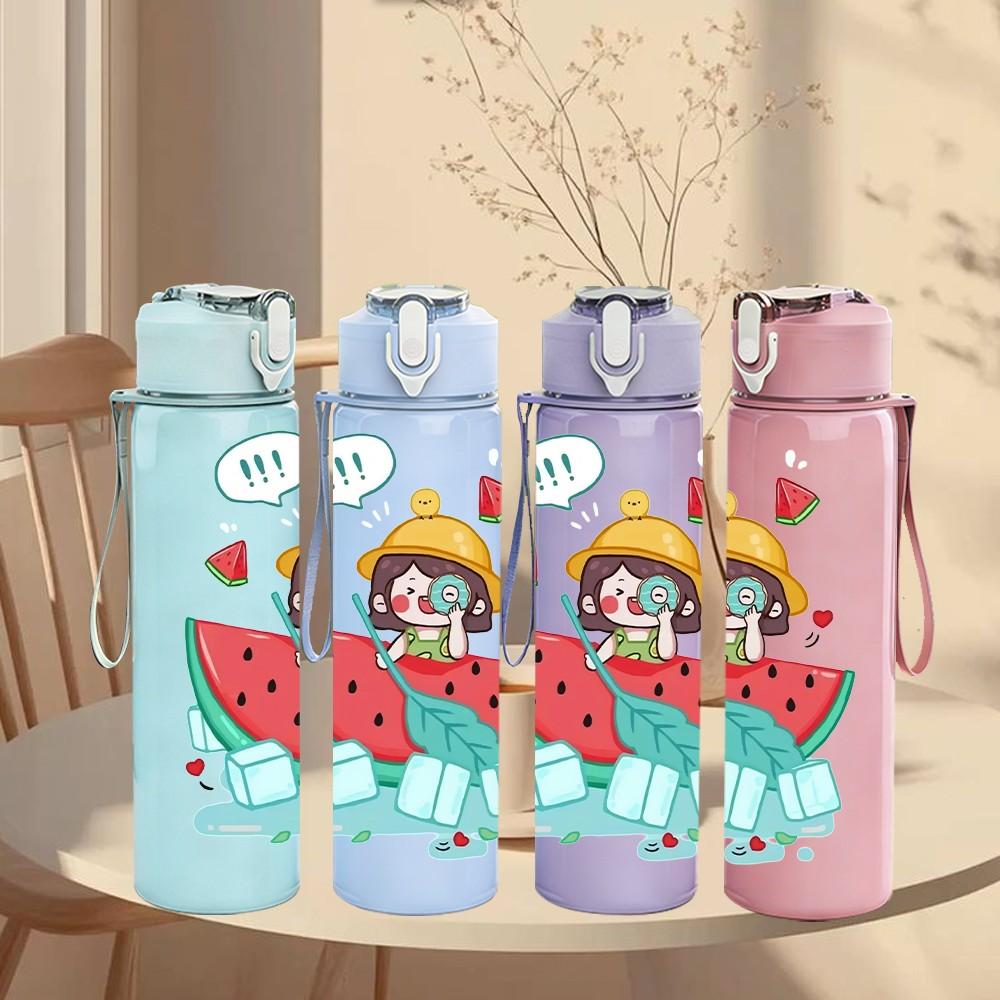 1PC Girl Hold Watermelon Summer Cartoon Print 750ml Color Plastic Sports Water Bottle Leakproof Flip Straw Lid Suitable for Sports Office Home Use