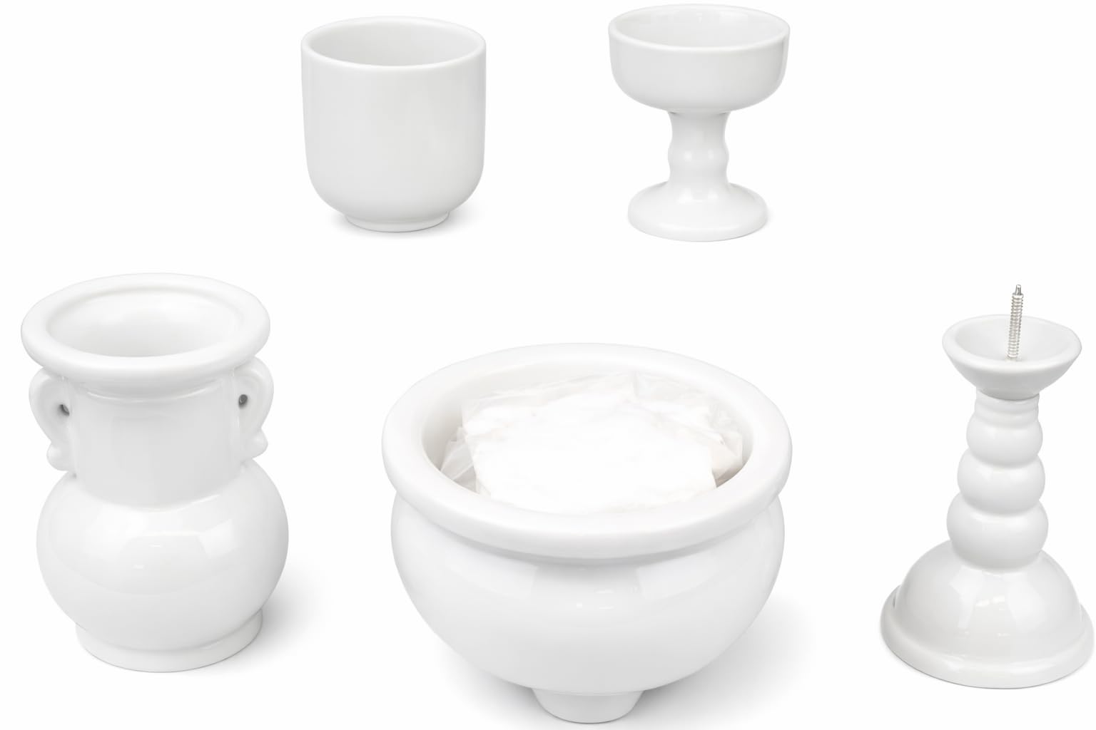 Urushi Product Ceramic 5-Piece Buddhist Altar Set with Incense Ash, White