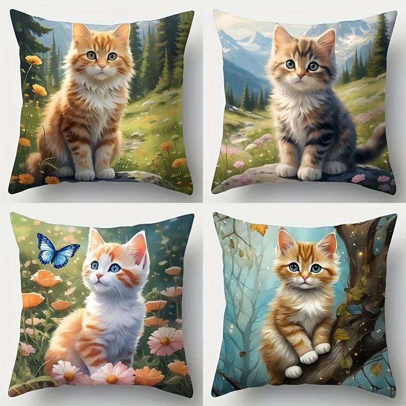 Home Decor Cute Kittens In Fantasy Nature Pillow Covers Pattern Cushion Cover Suitable For Sofa Bedroom Car Pillow Cover