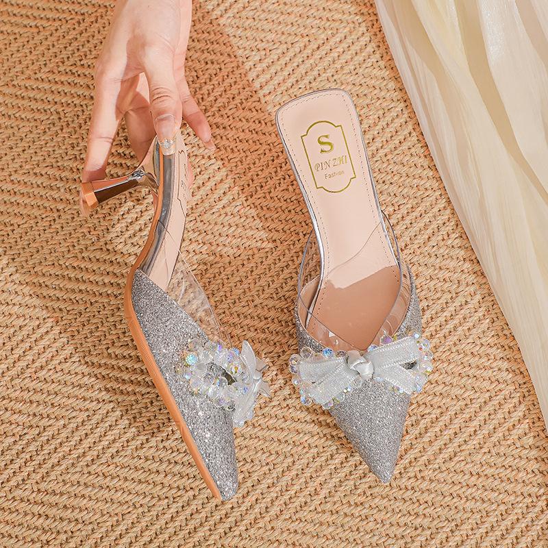 

Bow rhinestone pointed half slippers femininity outer wear stiletto sandals high heels slippers large size 41-43 43 срібний