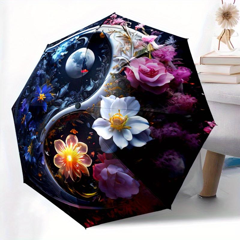 

1pc Yin Yang Flower Automatic Folding Umbrella - Compact 8-Rib Design, Durable Plastic & Iron, Black with Vibrant Pink & Blue (as the picture,Iron&8K)