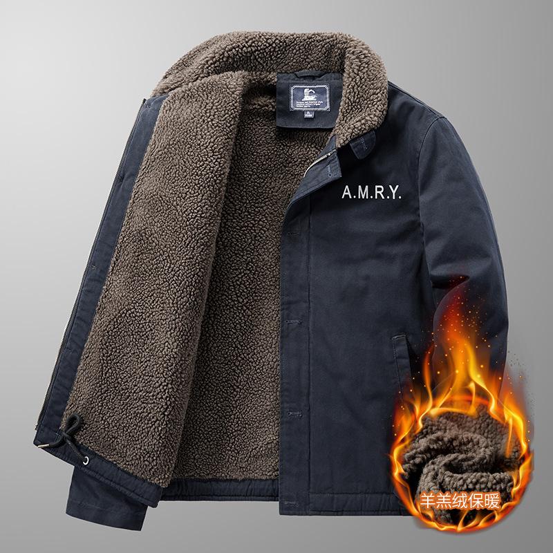 Winter casual men's velvet thickened lapel military uniform middle-aged cotton-padded coat loose lamb wool cotton coat