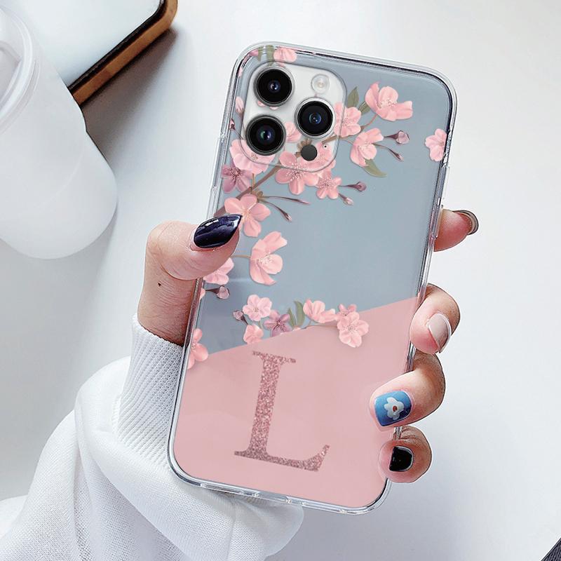 Flowers Letter Case For iphone 14 Pro Max 14 Plus Capa Clear Soft Silicone Covers For iphone 14+ Fundas Alphabet Transparent Bag