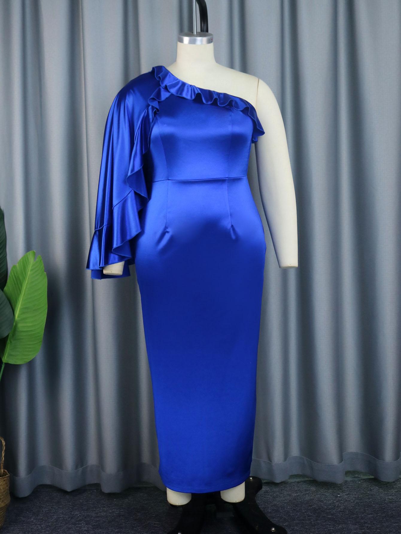 AOMEI синие атласные платья-футляры для женщин с оборками на одно плечо и длинными — фото 2