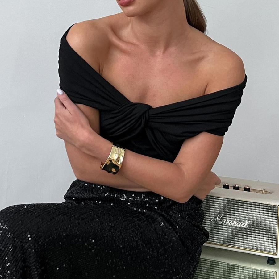 GMXIA  One-shoulder T-shirt Summer Street Trend Hot Europe and The United States and The United States Top Ruched  Strapless Short-sleeved T-shirt