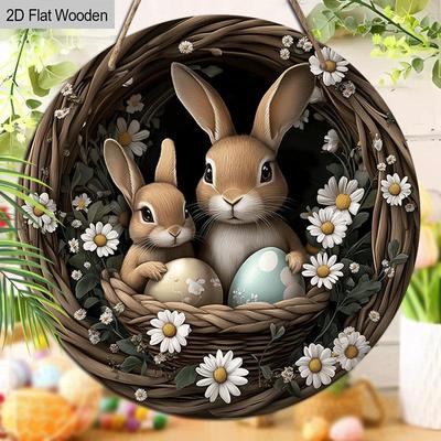 Osterhase & Ei Kranz Holzschild, Charmantes rundes Haustür-Dekor, Frühlings-Blumen-Wandbehang - Ideales Ostergeschenk für Zuhause & Familie