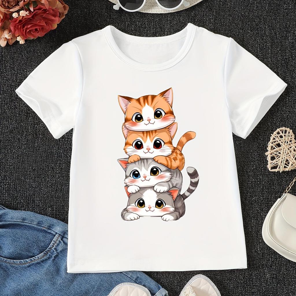 Cute Anime Cat Pattern 3D Printed Girls Cotton T-Shirt Summer Kids Short Sleeve T-Shirt Pajamas Comfortable Soft Fabrics