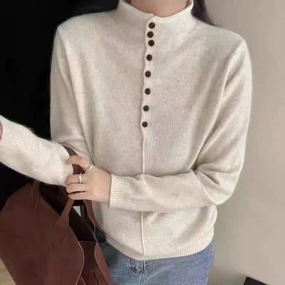 New Autumn and Winter Half-button High-neck Sweater for Women, Thick Long-sleeved, Fashionable and Versatile Base Knitted Sweater
