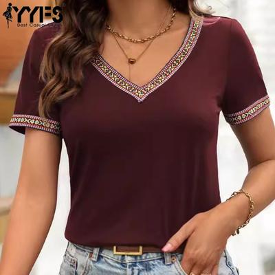 Women's Fashion Casual Summer Spring Solid Color Print Short Sleeve V-Neck Blouses & Shirts