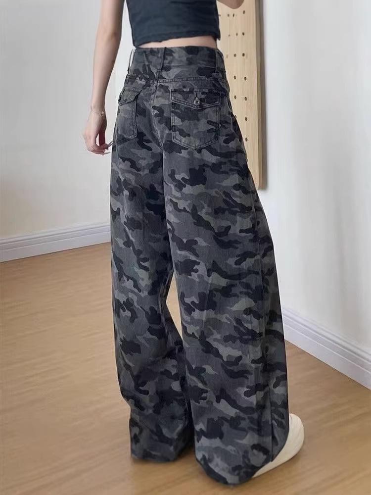 Spring Women's Plus Size American Camouflage Loose-Fit High-Waisted Wide-Leg Jeans
