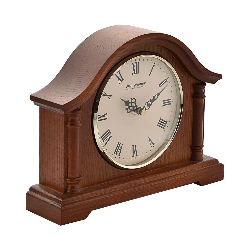 Wm.Widdop Broken Arch Mantel Clock Silver Bezel Walnut