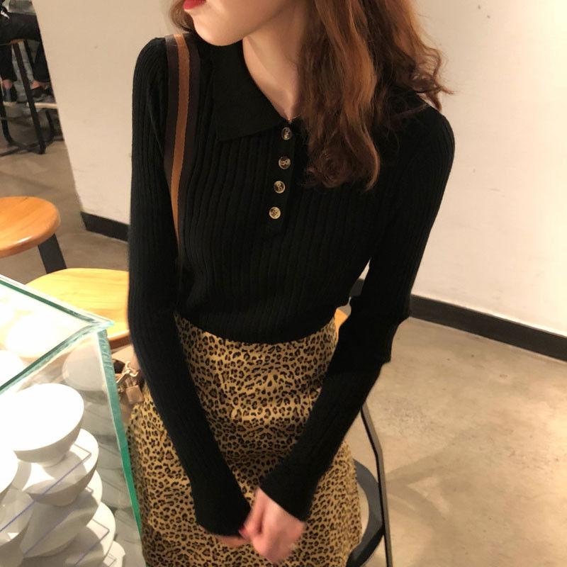 Damski Krótki Sweter z Długim Rękawem z Detalami Guzików na Wiosnę i Jesień - Kołnierzyk Polo, Miękki Styl, Odpowiedni jako Bielizna lub Odzież Wierzchnia