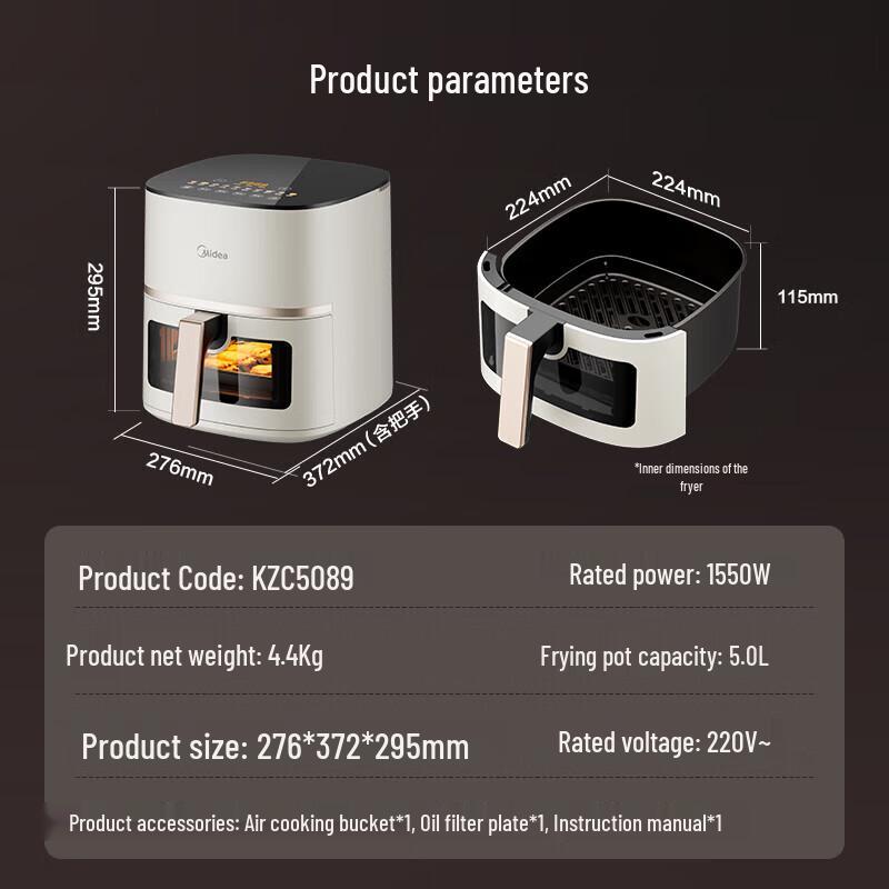 Midea 5L Smart Air Fryer with Visible Window and Steam Frying CN Plug (adapter Included)