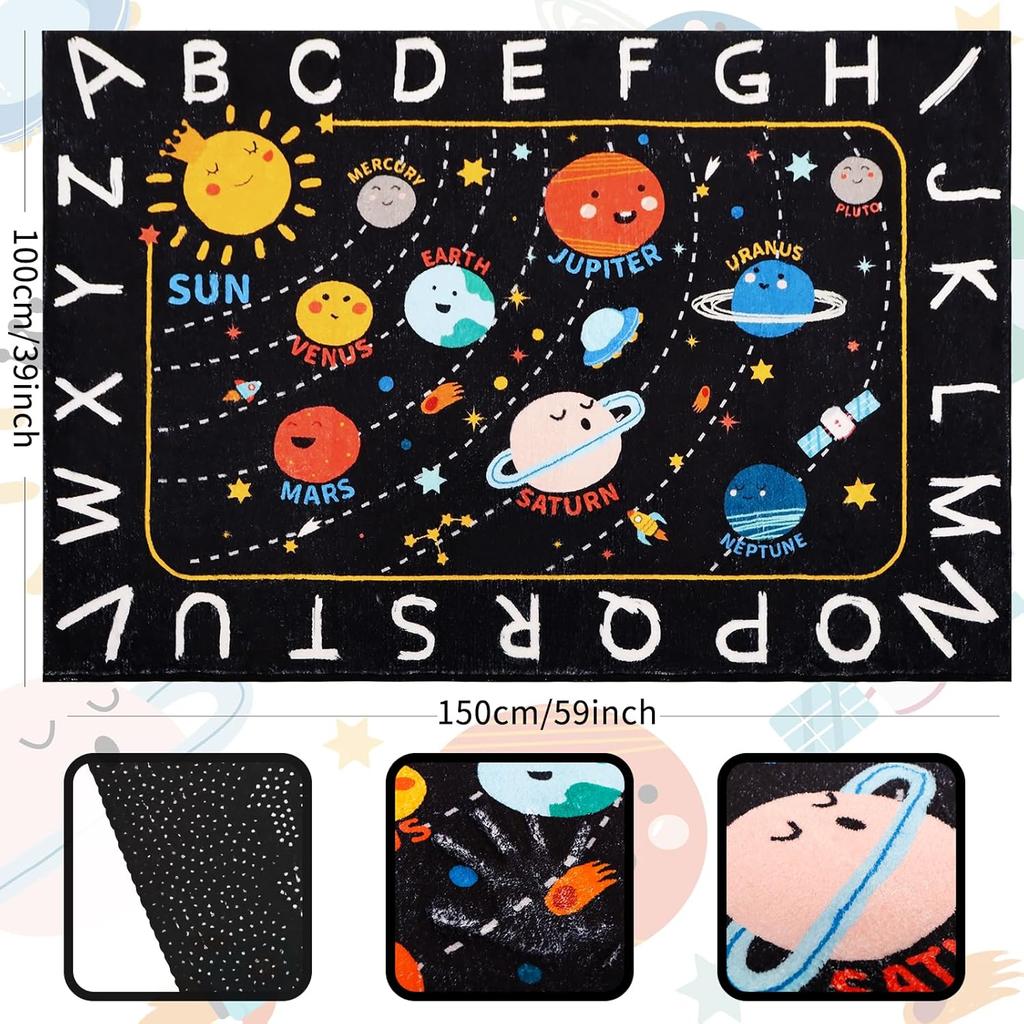 Outer Space Kids Rug,59"X39.4" ABC Alphabet Educational Kids Rugs for Playroom,Non Slip Solar System Galaxy Planets Playroom Rug,Washable Ki