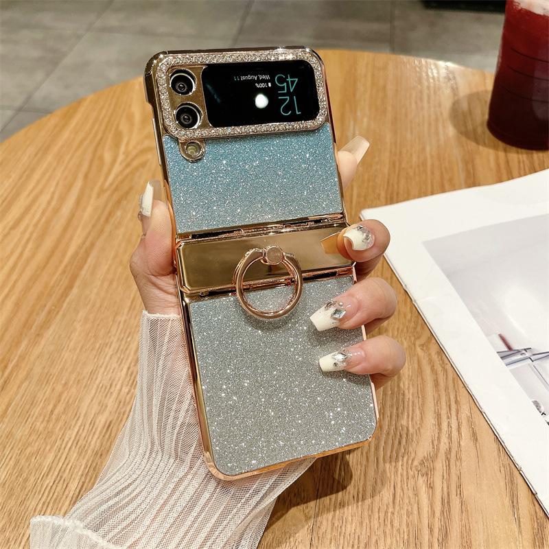 Applicable To Samsung Zflip4 Mobile Phone Case Zflip3 Folding Screen Diamond Glitter All-Inclusive Anti-Drop Protective Leather Case