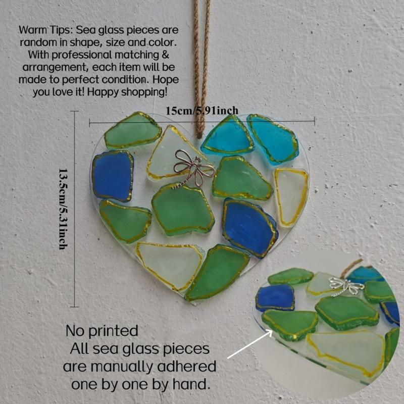 Handmade Sea Glass Heart Ornament Blue Green White Sea Glass Heart Pendant For Window Doorway Wall Wedding Decoration