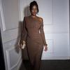 Chic European & American Off-Shoulder Pleated Long-Sleeve Maxi Dress
