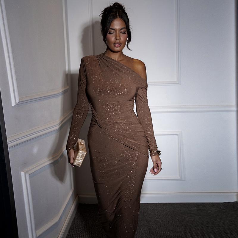 Chic European & American Off-Shoulder Pleated Long-Sleeve Maxi Dress