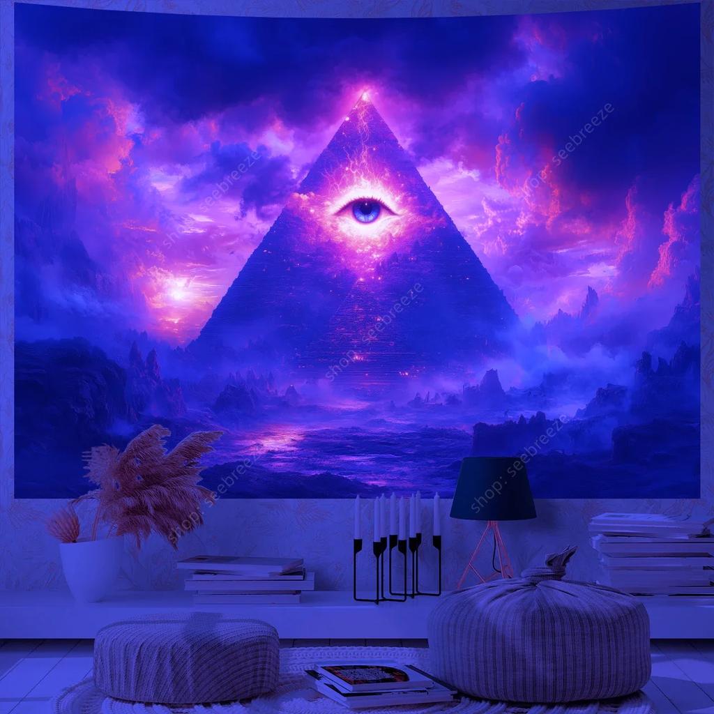 Psychedelic Eye of God UV Reactive Tapestry for Witchcraft Hippie Wall Hanging Bohemian Mandala Art Aesthetic Room Wall Decor