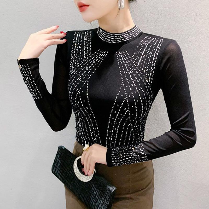 Spring Autumn European Leopard Clothes T-Shirt Elegant Women Stand Neck Shiny Hot Diamonds Tops Fashion Long Sleeve Slim Mesh Tees