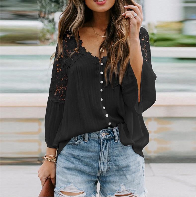 

Women s Lace Shirt Women s Long Sleeve Solid Color Deep V Pullover Chiffon Shirt L чорний