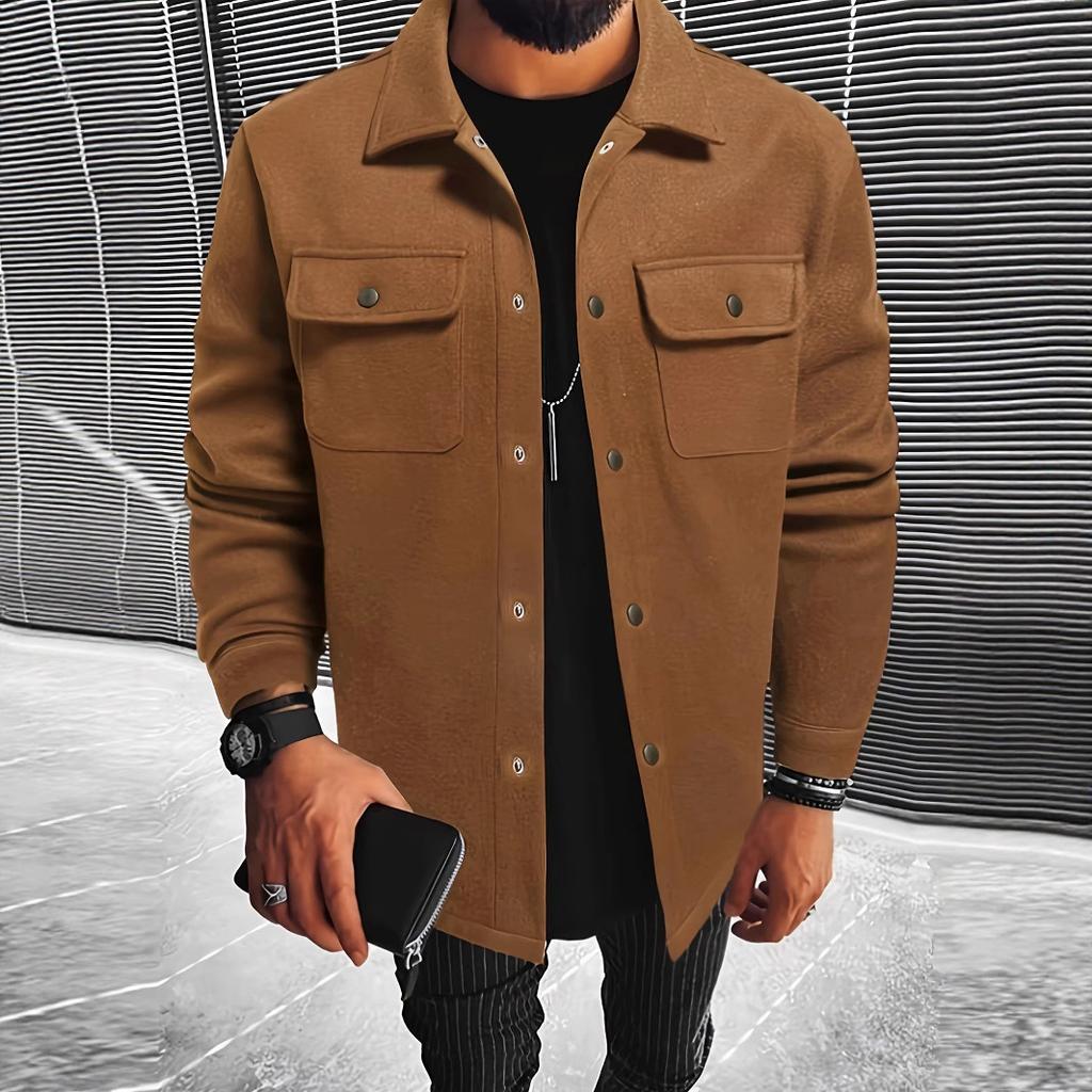 2026 New Men's Woolen Jacket, Solid Color Coat with Turn-down Collar and Buttons, Casual Overcoat