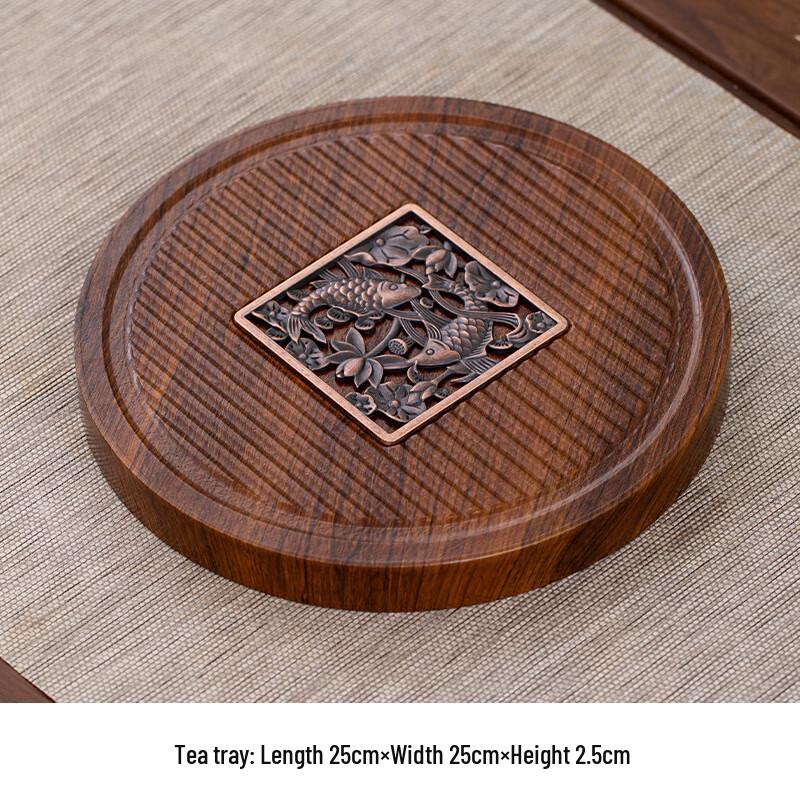 Round Wooden Dry Tea Tray with Abundance Fish Design