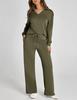 Women's Olive Green V-Neck Lounge Set with Drawstring Waist Pants