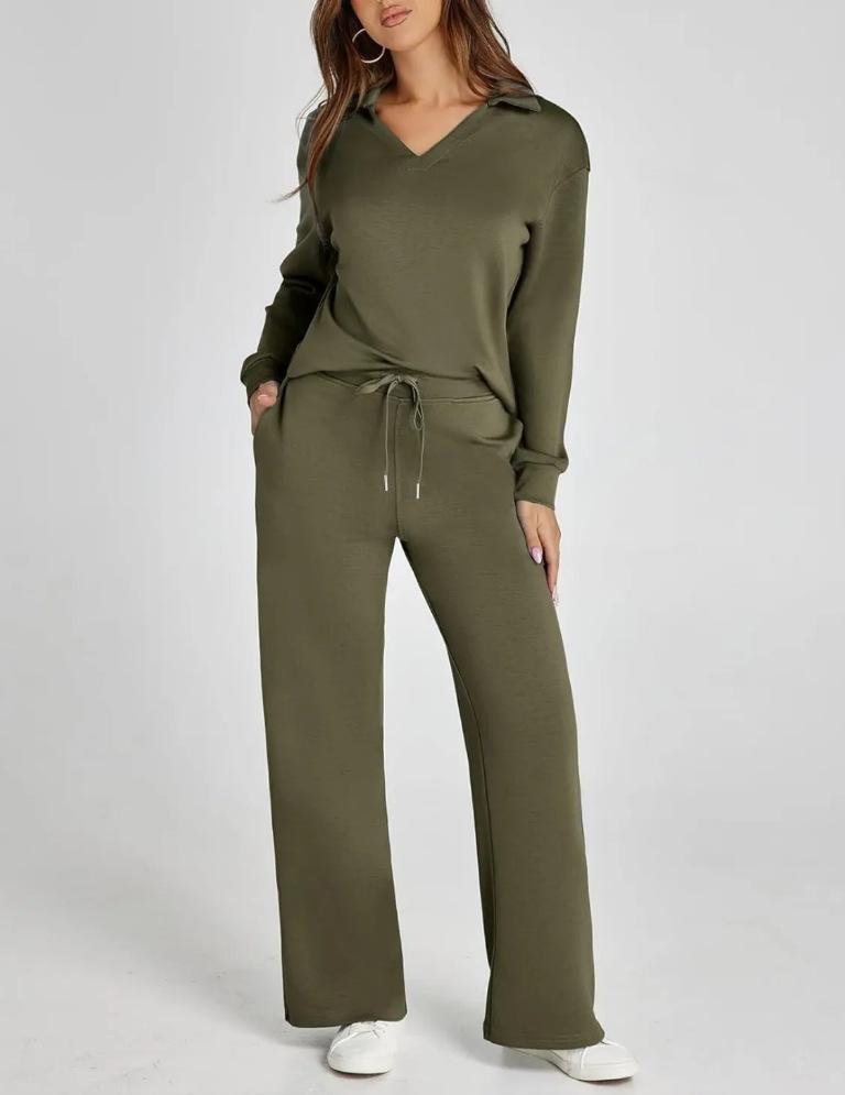 Women's Olive Green V-Neck Lounge Set with Drawstring Waist Pants