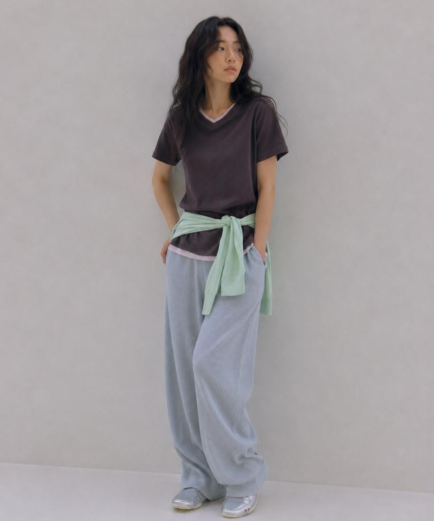 Sayu Soft Waffle Curved Elastic Waist Pants Light Blue