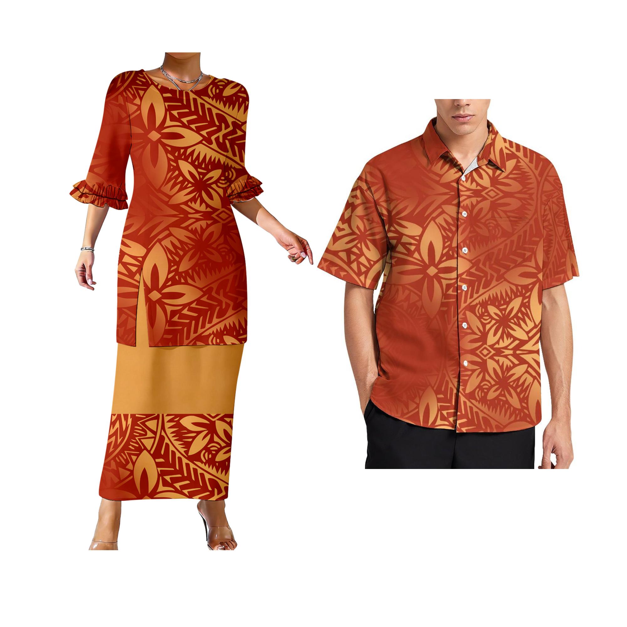 Women Puletasi Dress Slit Design Dress Custom Matching Aloha Men Hard Collar Shirt Hawaii Print Big Size Couple Clothing 2 Piece Xl