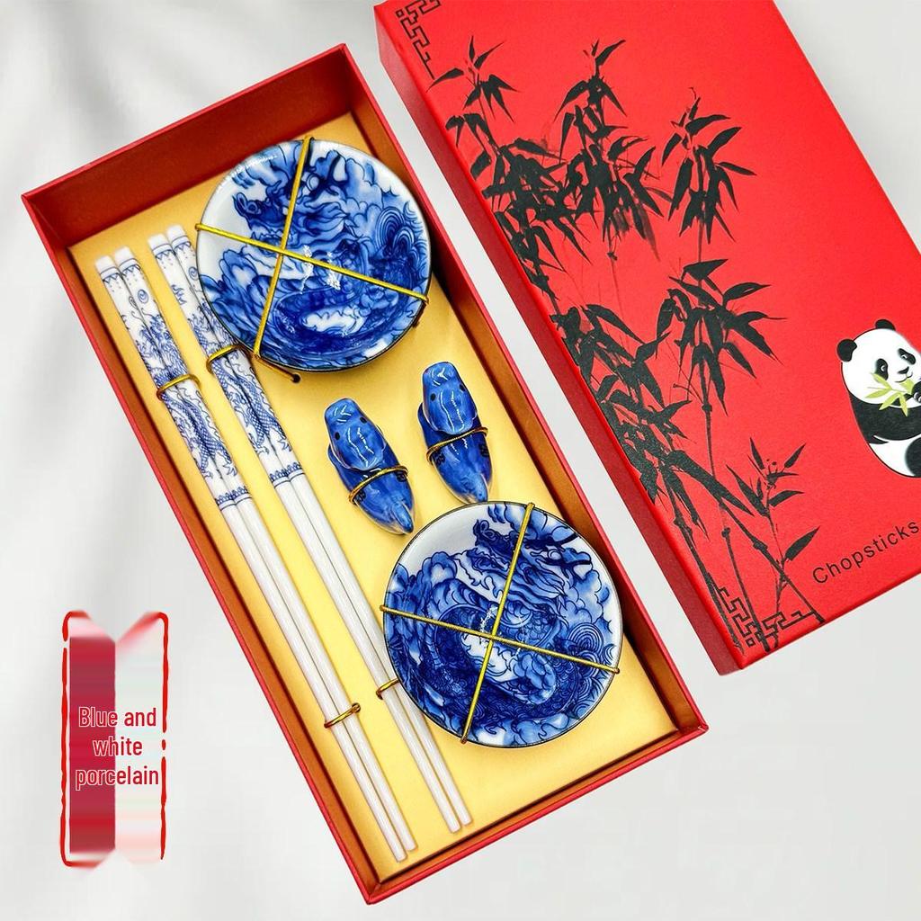 Traditional Blue & White Porcelain Tea Bowl and Chopsticks Gift Set - Classic Jingdezhen Style Souvenirs