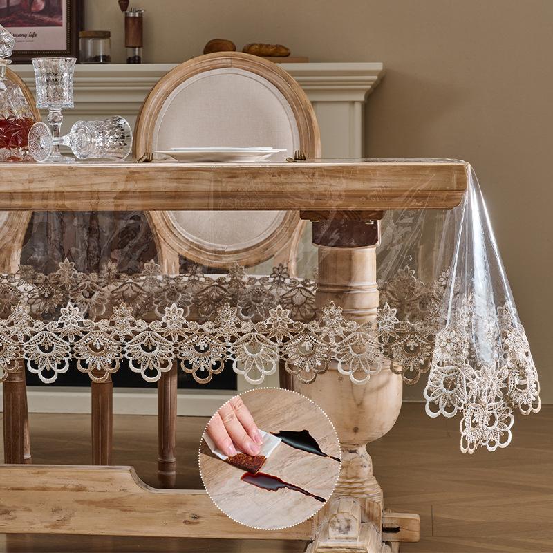PVC Clear Dining Table Cloth Waterproof Washable Plastic Tablecloth Rectangular Soft Glass Lace Embroidery Tea Table Cover Mat