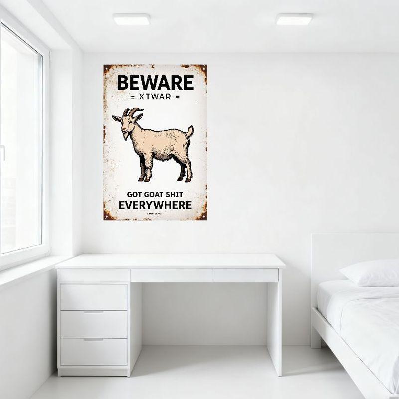 Vintage Beware Goat Sign Rustic Metal Sign with Cartoon Goat Illustration 'GOT GOAT SHIT EVERYWHERE' Distressed Aged Metal Warni