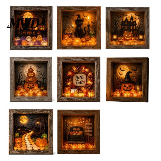 Wood Glass Picture Frame Halloween Shadow Box DIY Lighted Craft Kit, Wooden Night Light with Gothic Style Lamp Sea Stones, LED Memory Display Case for