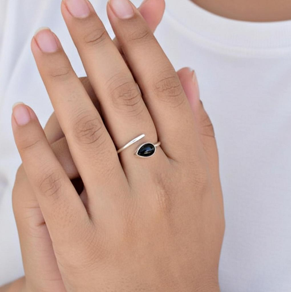 Black Onyx Pear Shape Stacking Ring, 925 Sterling Silver Jewelry, Handmade Minimalist Adjustable Ring