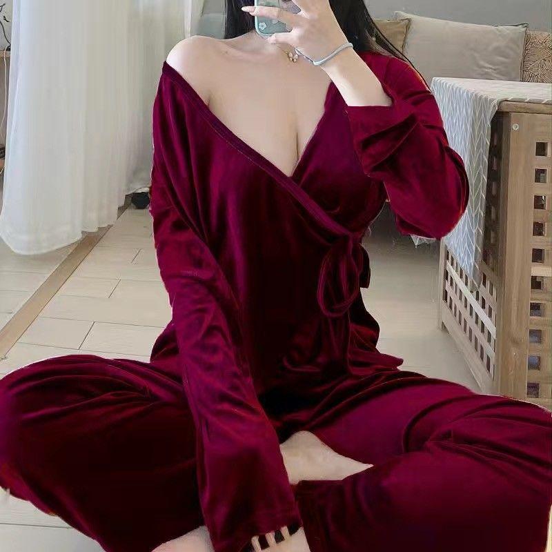 Pijama de Veludo Outonal Veludo Feminina Conjunto de Duas Peças Cardigan de Manga Comprida e Calças Terno Solto Casual Roupa de Casa Roupa de Lazer