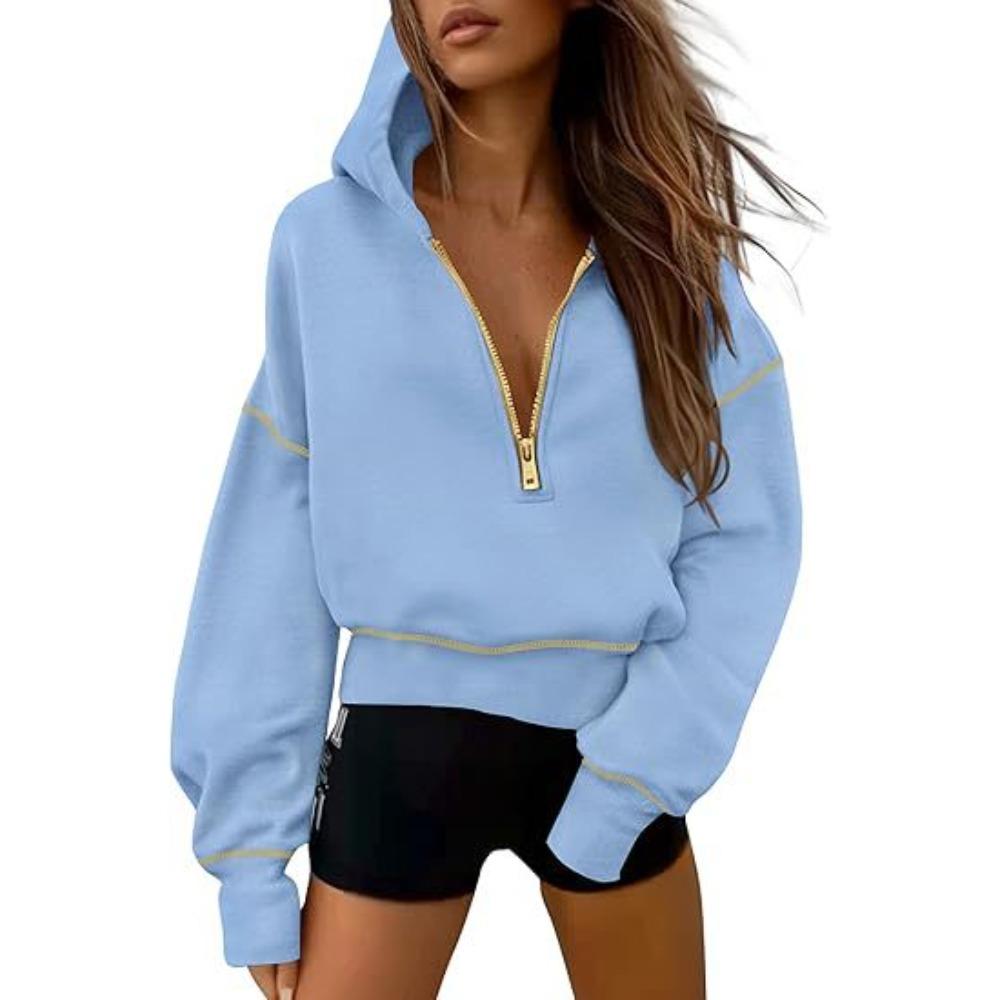 Women's Hood Neck Long Sleeve Half Zip Cropped Hoodie Loose Fit Casual Sweatshirt