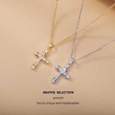 Women's Zircon Cross Necklace with European and American Design - Pure Copper Clavicle Chain Jewelry