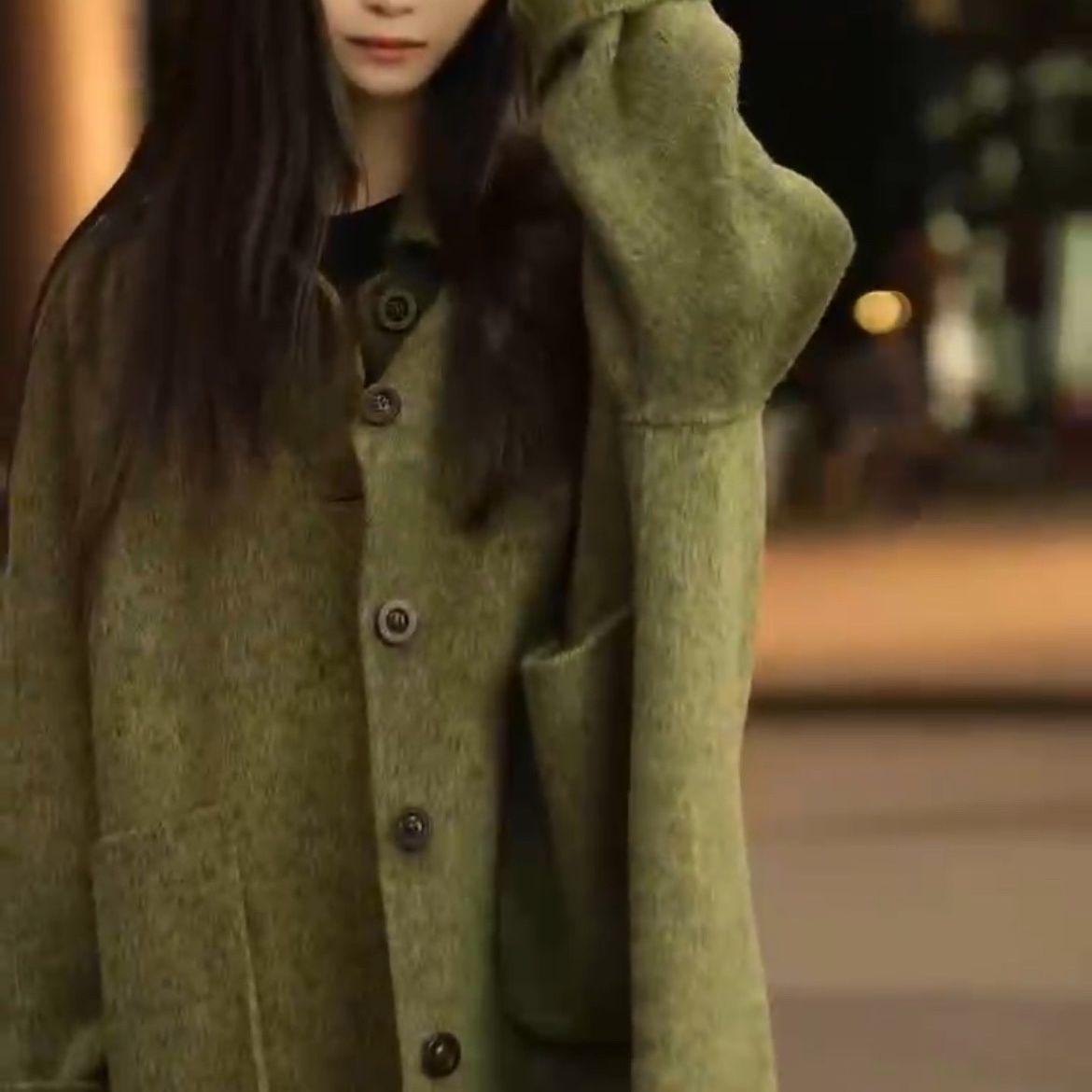 

Elegant Double-Sided Wool Long Coat with Loose Fit Large