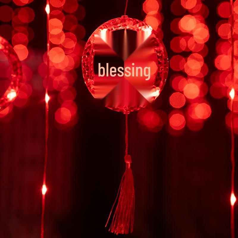 Spring Festival LED Red Lantern Ornaments: Solar Fu Character Colored String Lights for New Year Balcony Decor.
