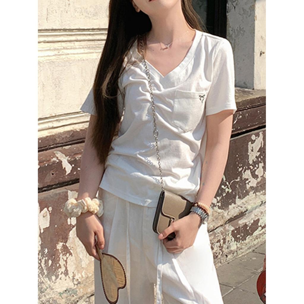 Casual V-Neck Clavicle Short Sleeve T-Shirt Women's Summer Embroidered Bow Versatile Top
