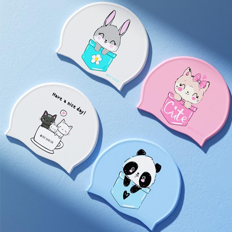 Large Swimming Caps Kids Ear Protection Long Hair Waterproof Silicone Swim Cap Swimming Hats Carton Print Swimming Accessories