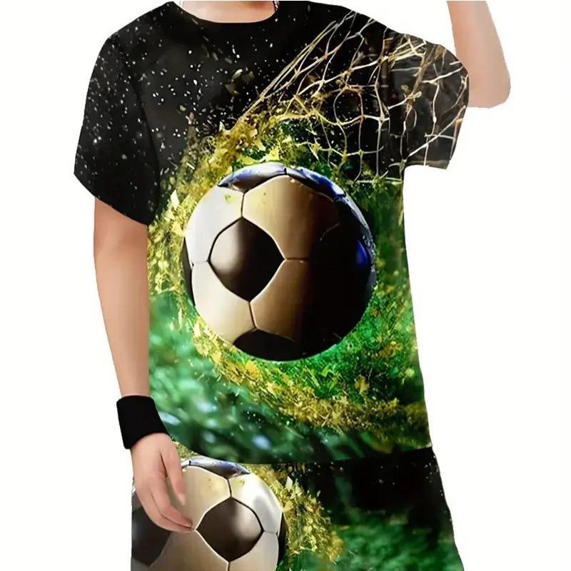 Летний детский новый сексуальный 3D футбольный узор повседневный универсальный круглый вырез короткий рукав комплект 110cm